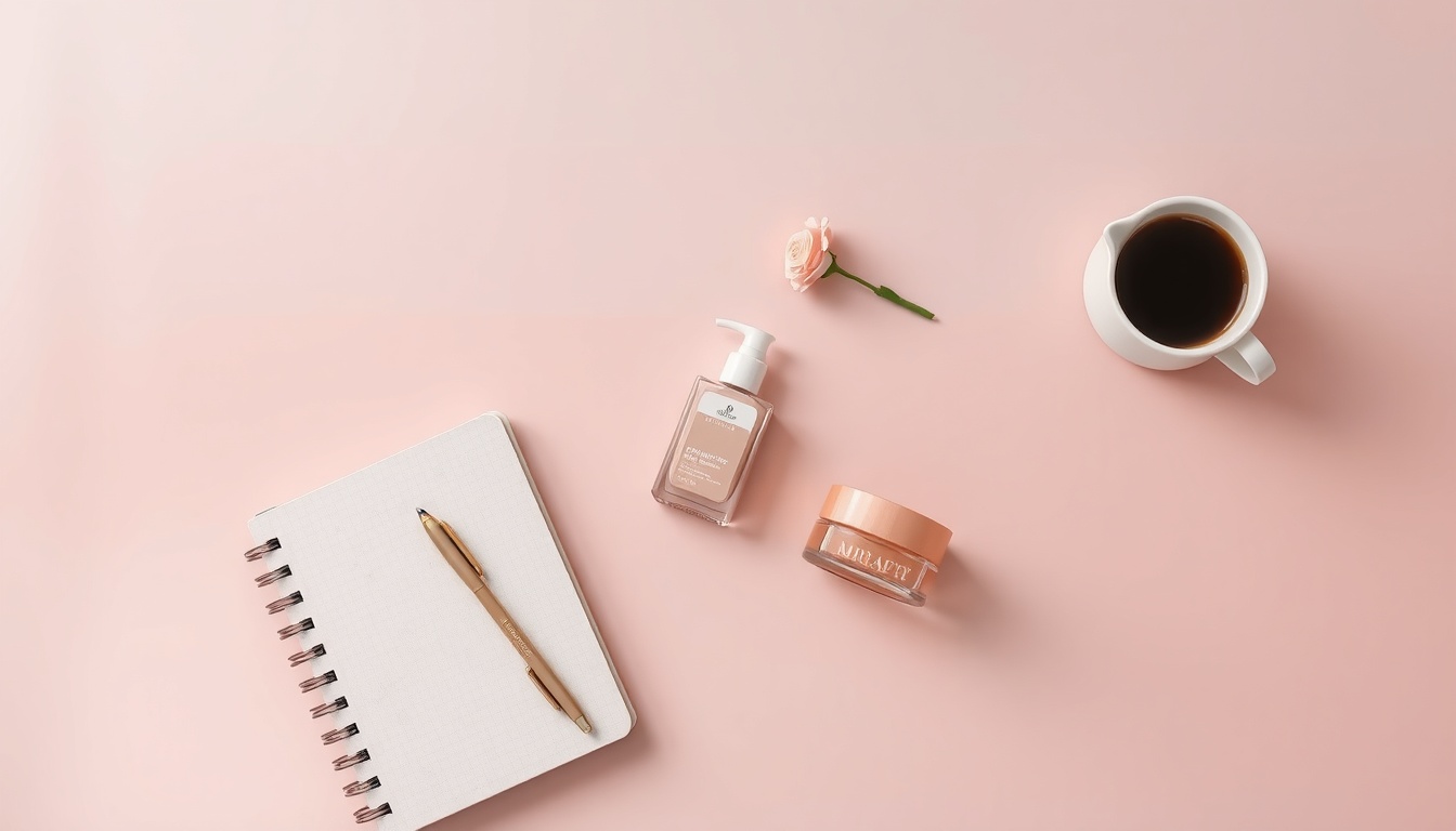 생활 꿀팁 - flat lay of daily life essentials including notebook, smartphone, coffee cup and small plants on white desk, life hack tips concept