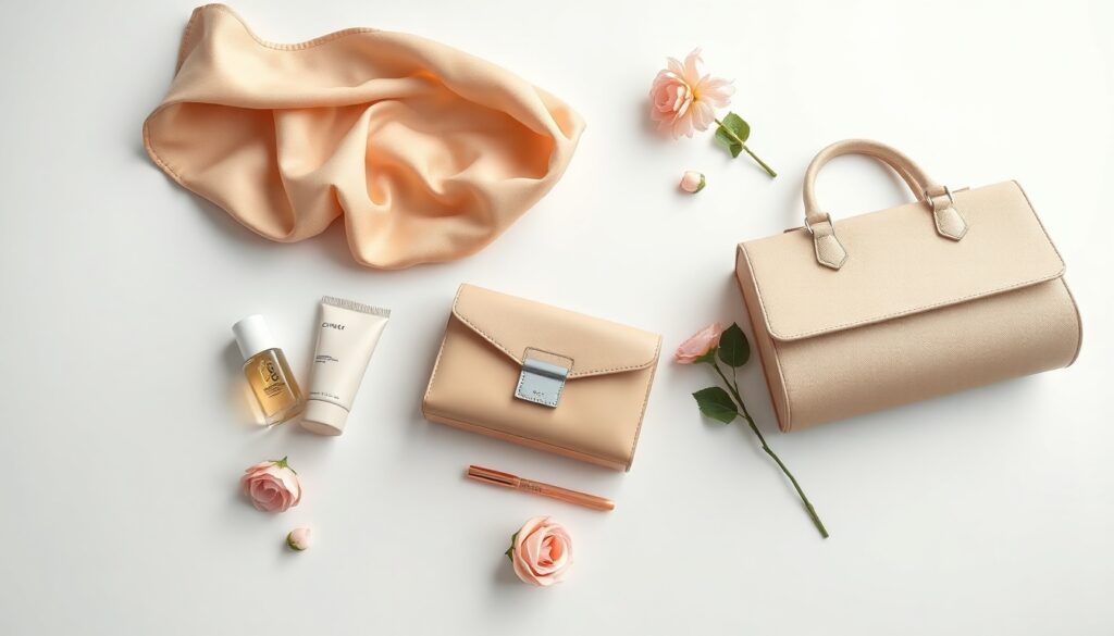 가방쇼핑몰 10만원대 추천 2026 - flat lay of stylish handbags in neutral tones on white background, affordable bag shopping 2026 trend