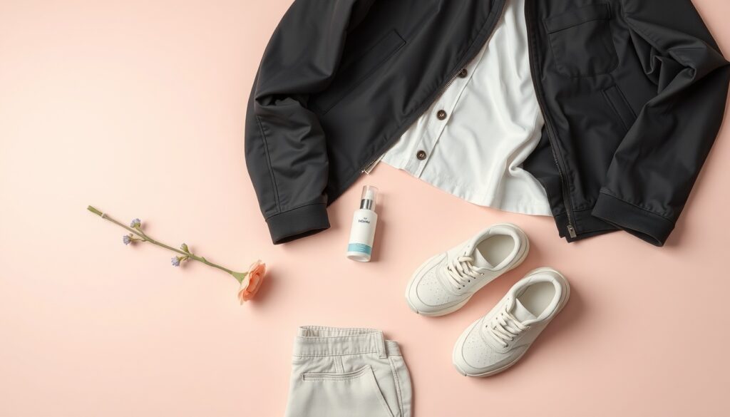 남자 코디 추천 - flat lay of stylish men's clothing items including jacket, trousers and sneakers on white background, men's fashion coordination concept 2026