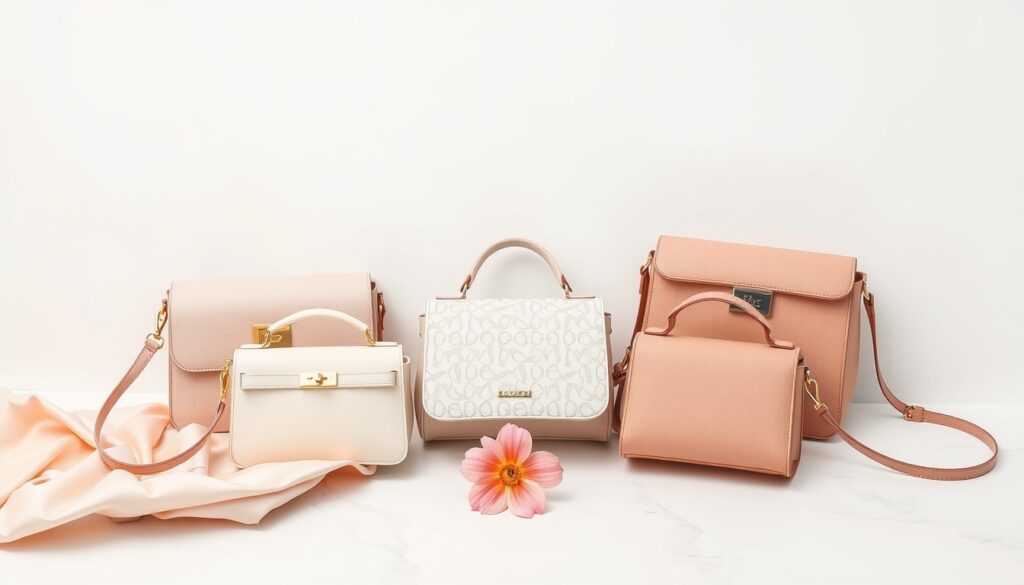 여성가방쇼핑몰 - flat lay of stylish women's bags in various colors on white background, 2026 fashion trend product shot