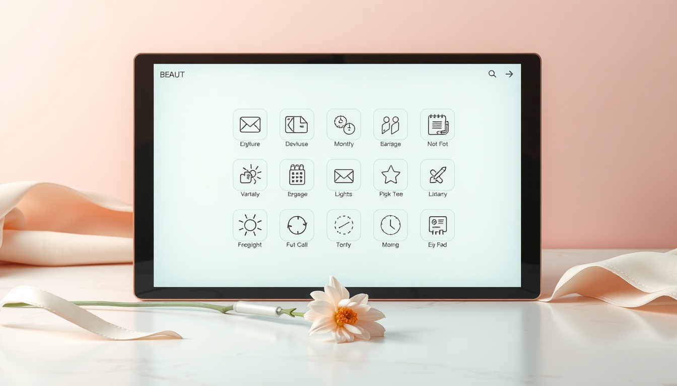 아이콘 디자인 - digital screen showing modern UI icon design set with gradient and 3D icons, clean minimalist design concept, flat lay