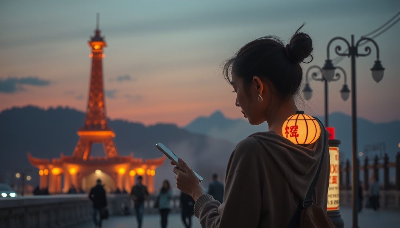 글램핑 추천 - Korean woman upper body shot with face visible, checking glamping reservation on smartphone, smiling, natural hands, warm outdoor lighting
