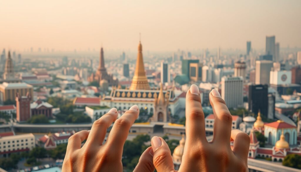태국 여행 - aerial view of Bangkok Thailand skyline with golden temples and river, travel guide concept