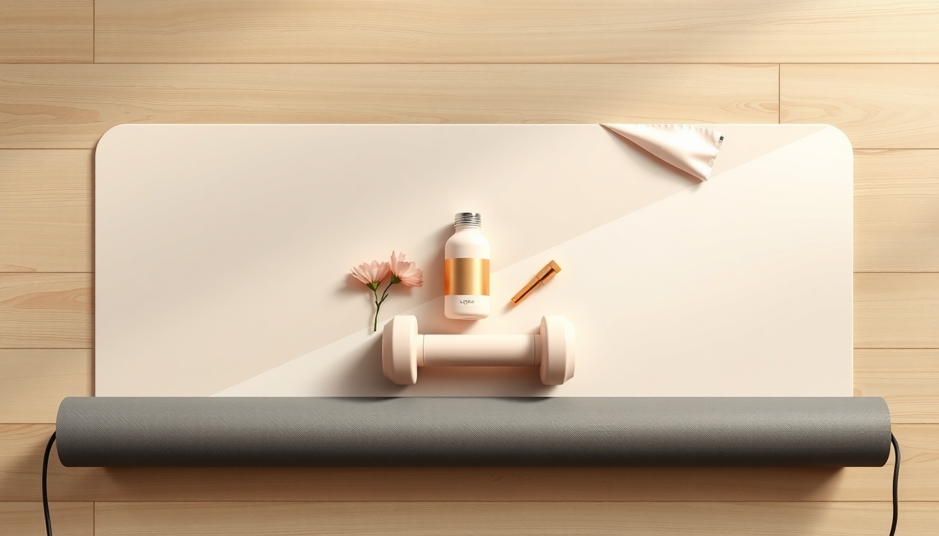 홈트 루틴 - flat lay of yoga mat resistance band dumbbells and water bottle on wooden floor, home workout routine concept
