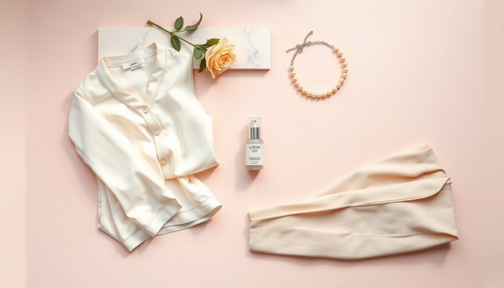 여자 코디 추천 - flat lay of stylish women's outfit items including blouse, trousers, and accessories on white background, women daily coordinate recommendation 2026