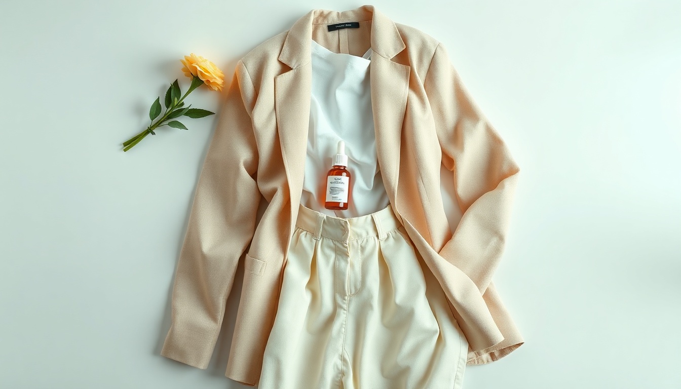 린넨 자켓 - flat lay of beige linen jacket with white top and linen pants on white background, summer fashion styling concept