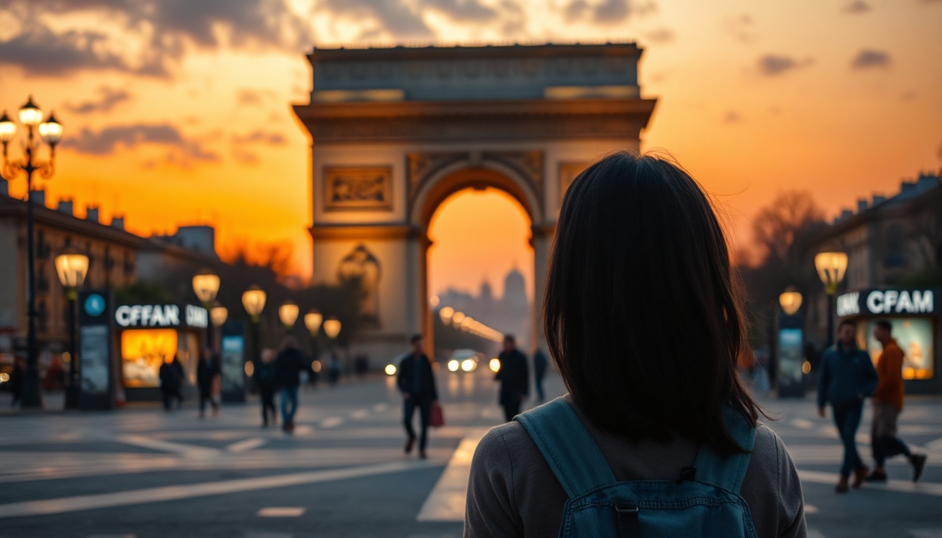 유럽 여행 준비 - Korean woman full body shot with face visible, standing in front of European architecture with travel bag, travel preparation concept