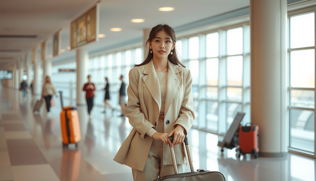 여행 코디 - Korean woman full body shot with face visible, wearing stylish beige linen travel outfit at an airport, natural hands holding a travel bag
