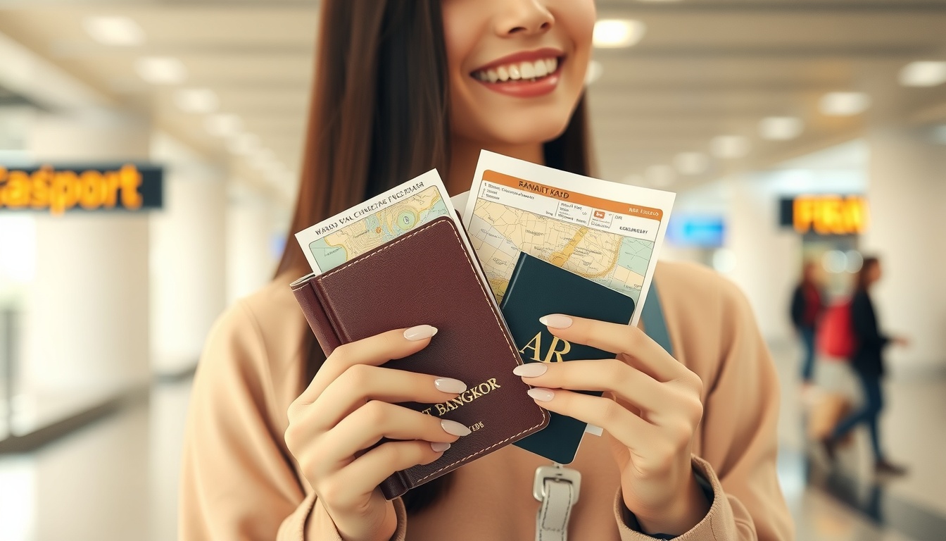 방콕 여행 - smiling Korean woman upper body shot with face visible, holding travel passport and map in Bangkok airport, natural hands, Bangkok travel ready concept