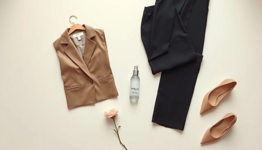 오피스 룩 - flat lay of office work outfit items including blazer, trousers, and heels on white background, stylish office look concept