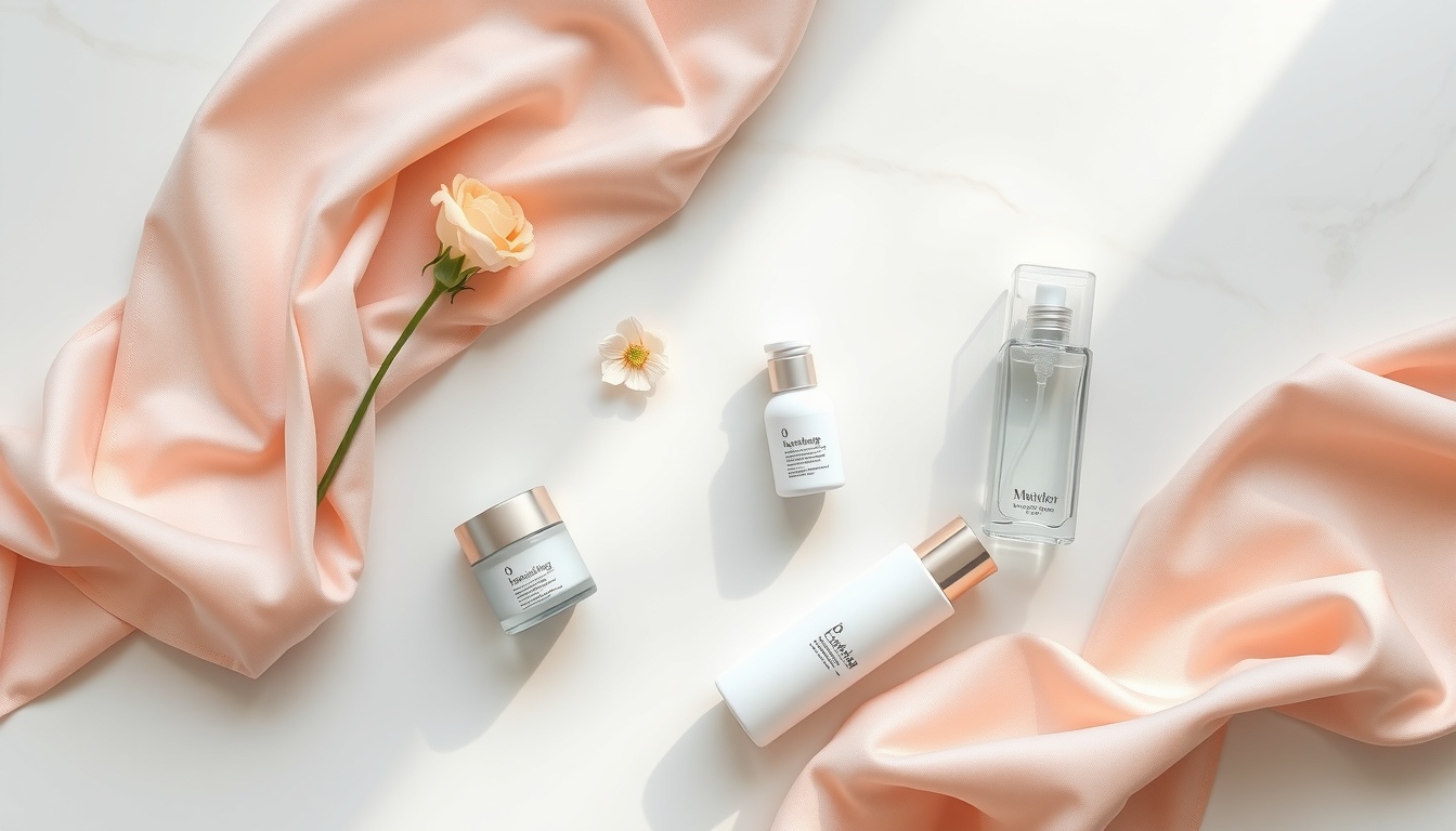스킨케어 루틴 - flat lay of skincare routine products on white marble surface, moisturizer toner serum cleanser arranged neatly, soft natural lighting