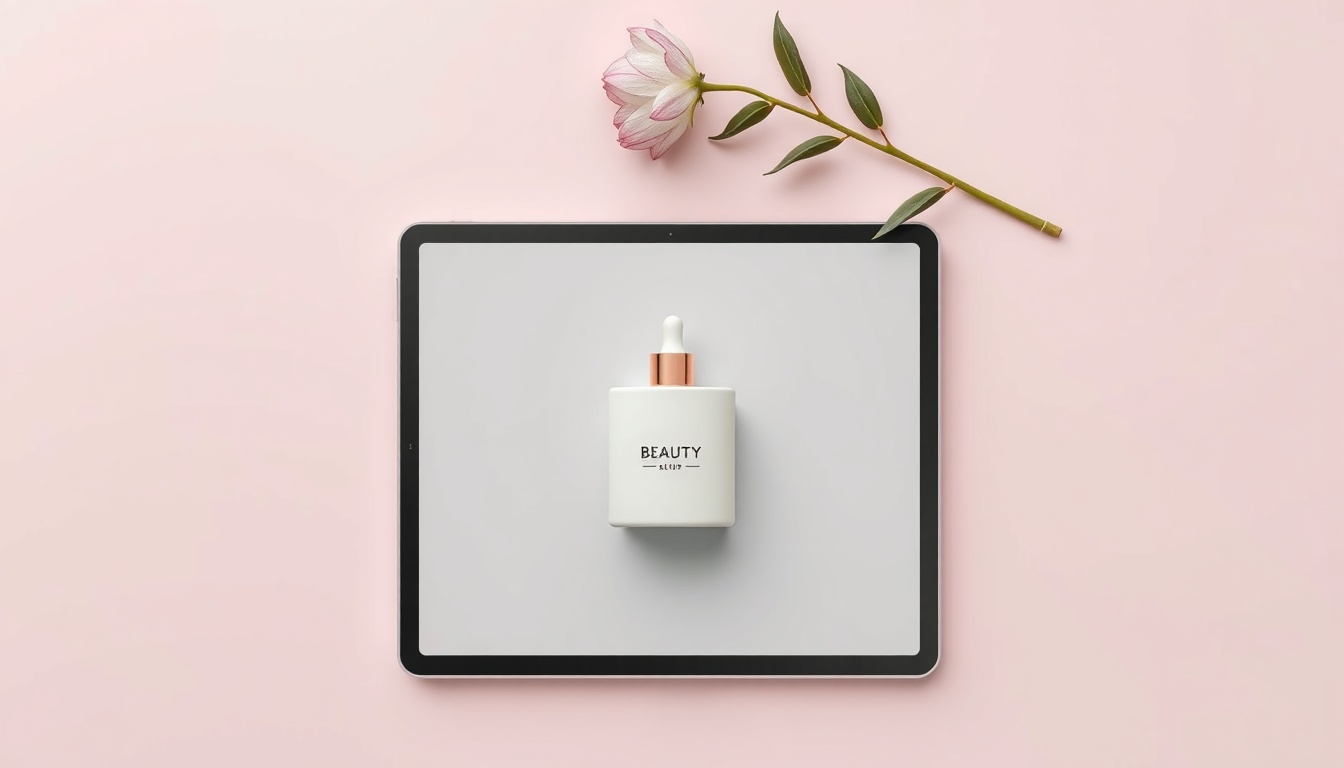 SNS 디자인 템플릿 - flat lay of multiple SNS design template examples on tablet screen with pastel pink background, aesthetic social media content