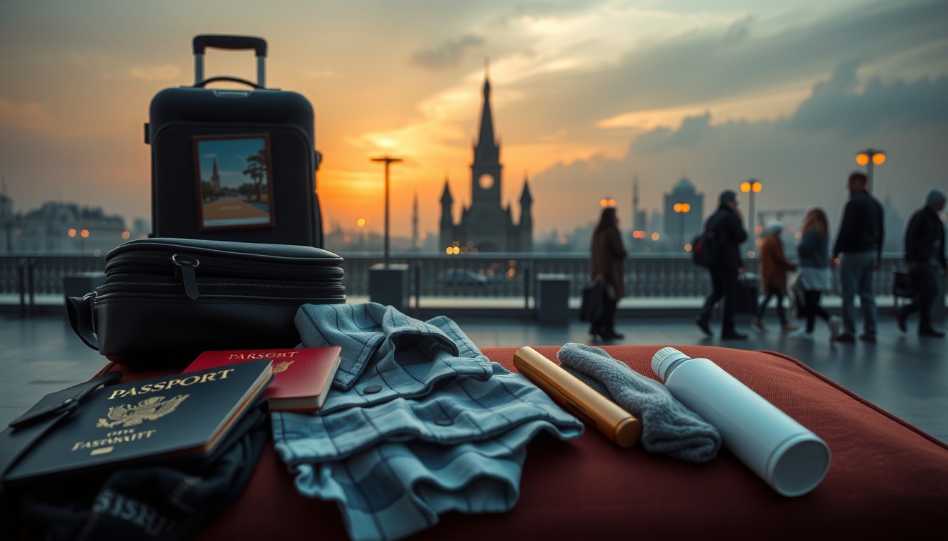 여행 짐싸기 - flat lay of travel essentials including passport, suitcase, clothes, and toiletries on white background, travel packing concept