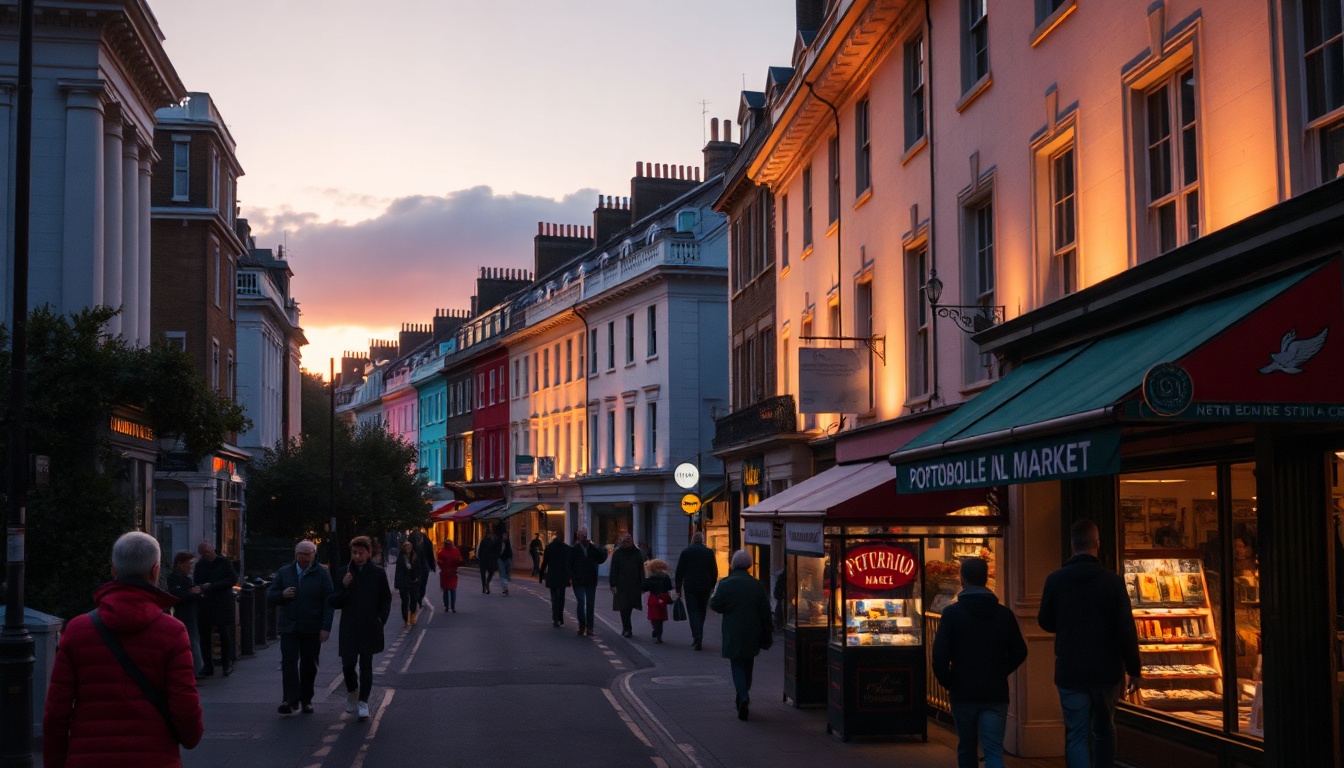 런던 여행 - Notting Hill colorful pastel houses and Portobello Market street scene, London travel photography