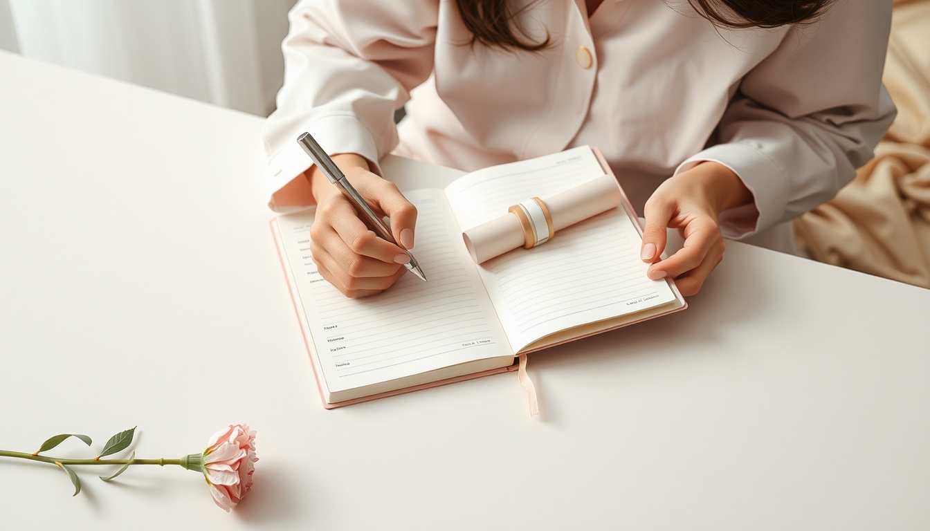 시간 관리 팁 - Korean woman upper body shot with face visible, writing in planner at cozy desk with warm lighting, natural hands, time management tips concept