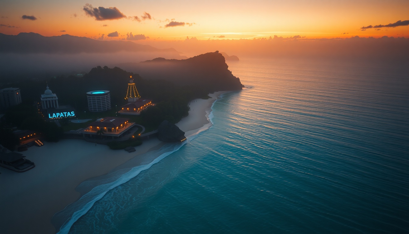 땡처리투어 - aerial view of tropical beach destination with turquoise water, budget travel tour destination concept