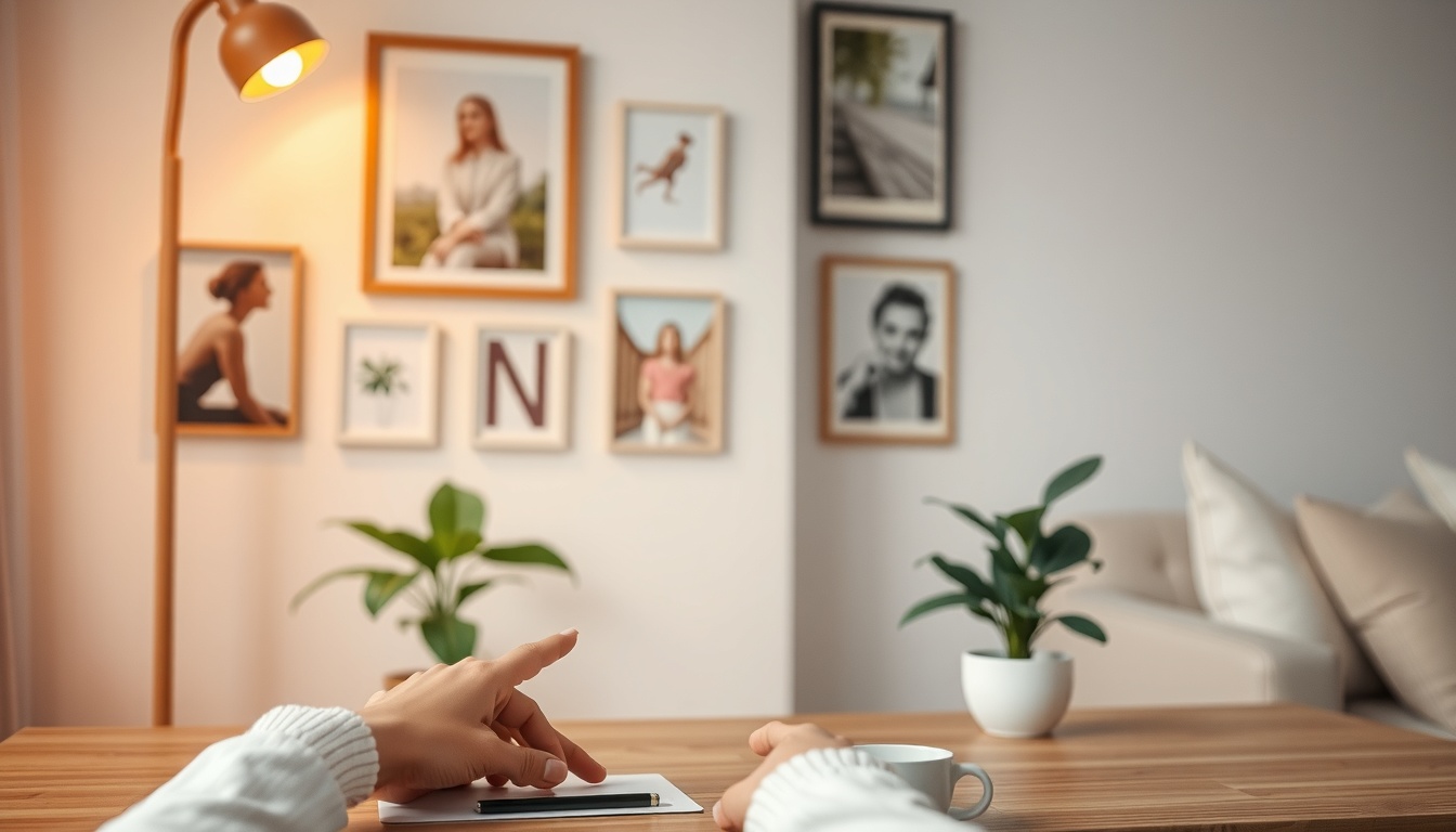 자취방 인테리어 - cozy self-living room interior with gallery wall, warm lighting, and green plant on wooden desk, apartment room decoration 2026