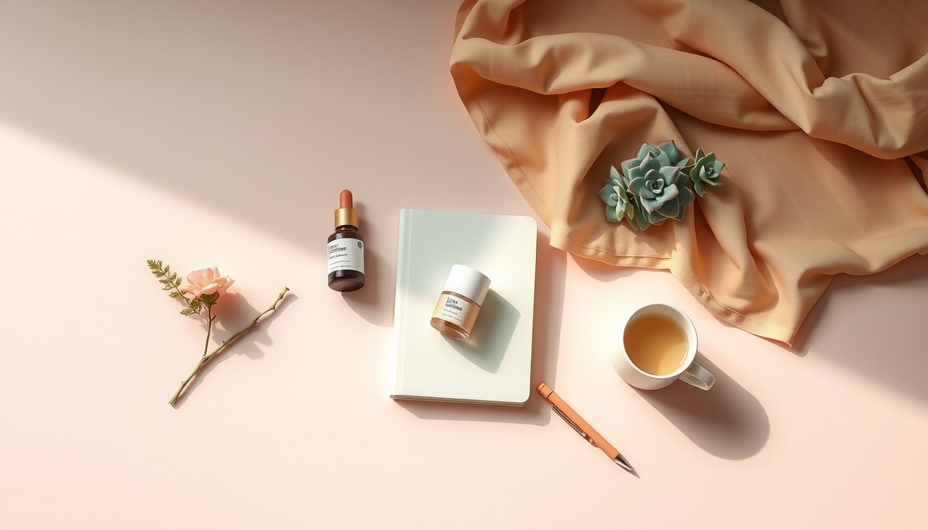 생활 꿀팁 - flat lay of cozy lifestyle items including journal, pen, small succulents, tea cup on pastel background, life tips and daily routine concept
