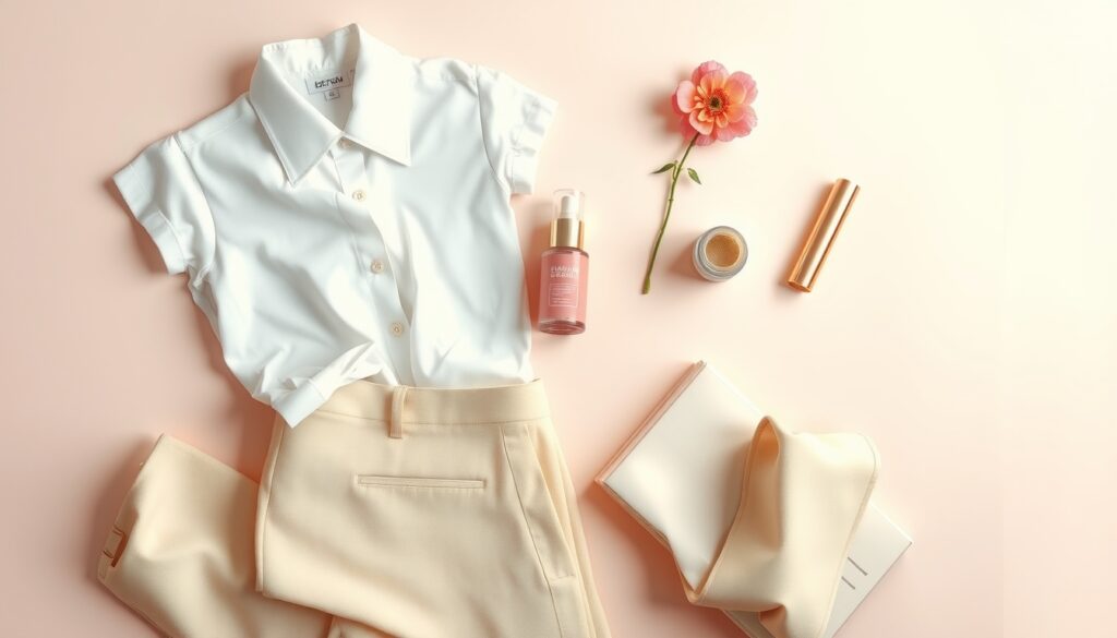 미니멀 패션 - flat lay of minimalist fashion items including white shirt, beige trousers, and simple accessories on white background, minimal fashion concept