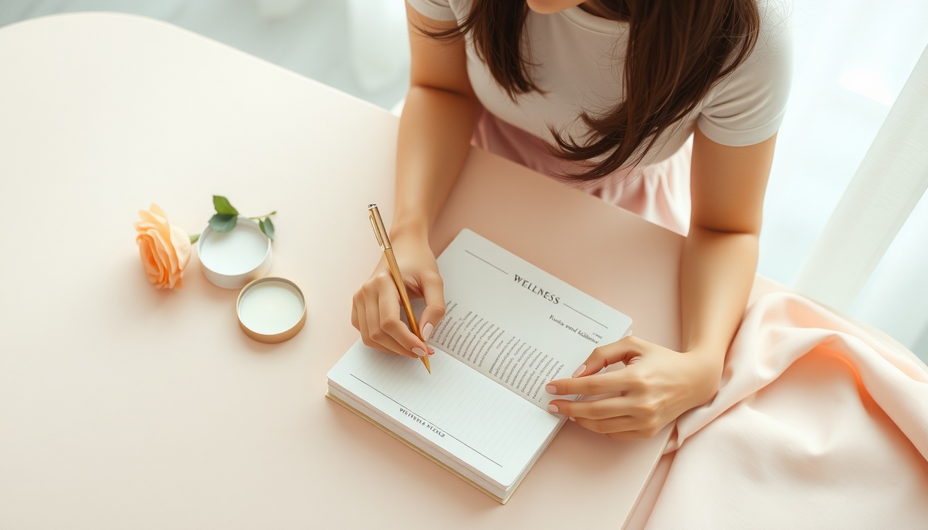 건강 관리 팁 - Korean woman upper body shot with face visible, writing in a wellness journal at a bright and cozy desk, natural hands, healthy management tips lifestyle