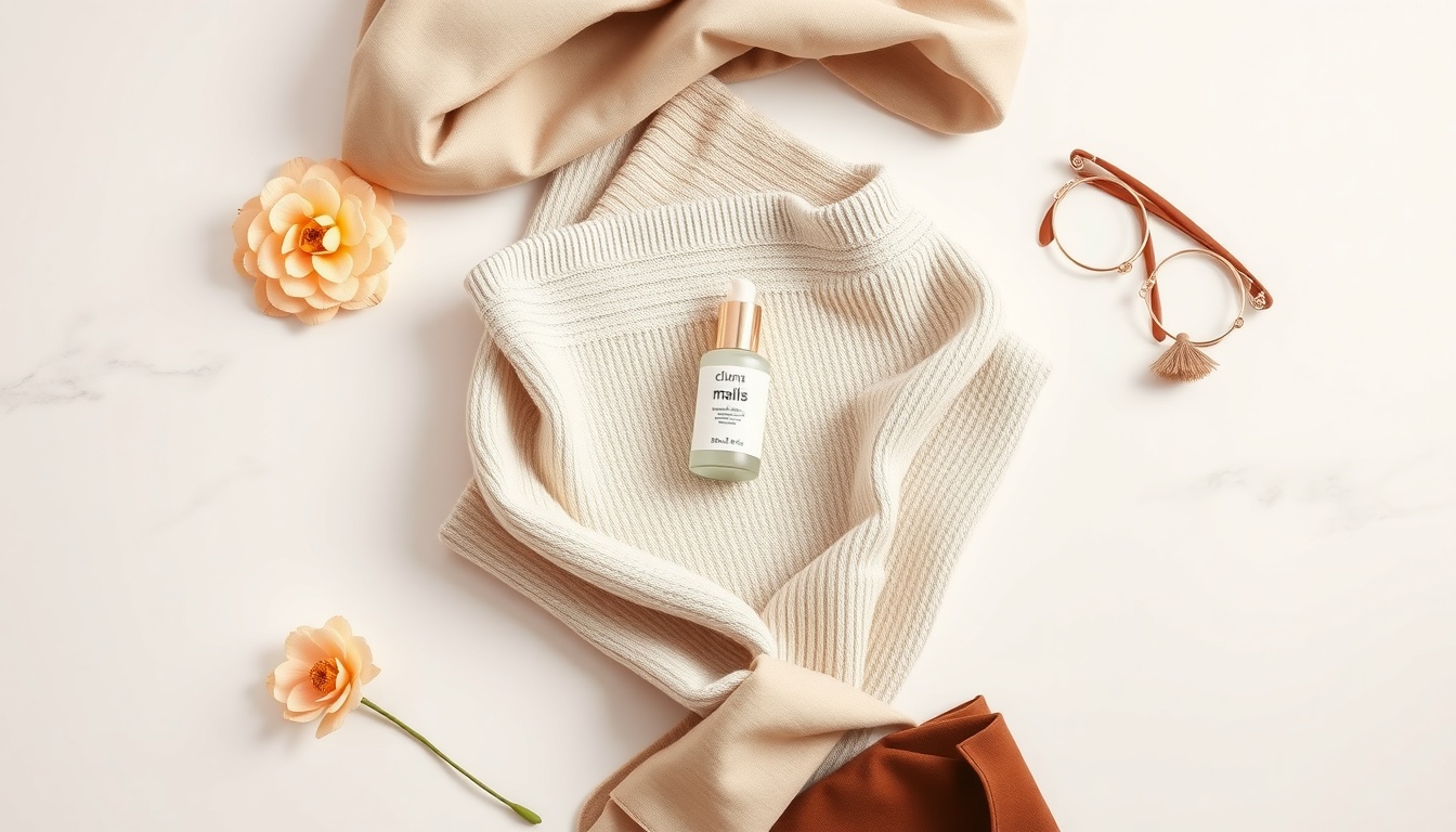 메이플 베이지 코디 - flat lay of maple beige knit sweater, beige trench coat, and brown accessories on white background, autumn fashion styling concept