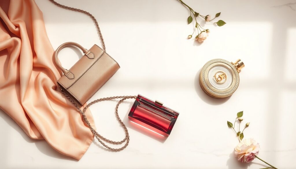 명품가방쇼핑몰 - flat lay of luxury handbags on white marble surface, product shot of designer bags collection
