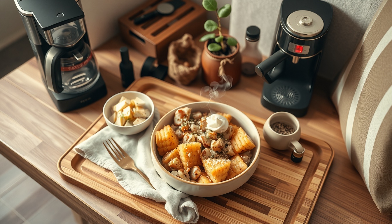 홈카페 꾸미기 - cozy home cafe corner with wooden tray, coffee machine, small green plant, beige mug and warm lighting on kitchen counter, home cafe decorating interior