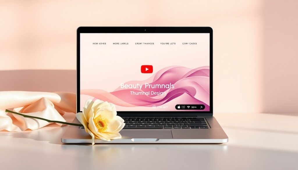 유튜브 썸네일 디자인 - flat lay of laptop showing YouTube thumbnail design on screen with colorful design tools and notebook on white desk