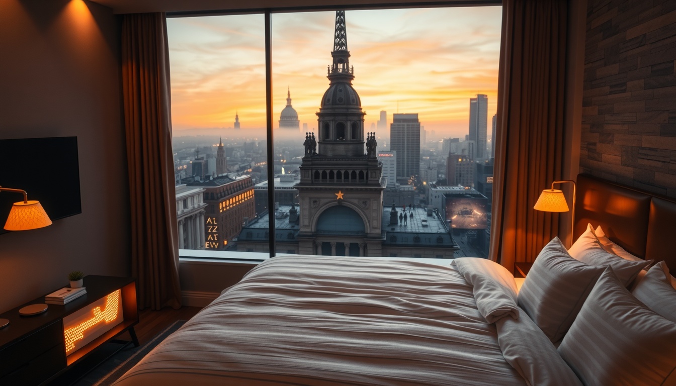 호텔 추천 - cozy hotel room interior with warm lighting, white bedding and minimalist decor, Korean hotel recommendation atmosphere, no people