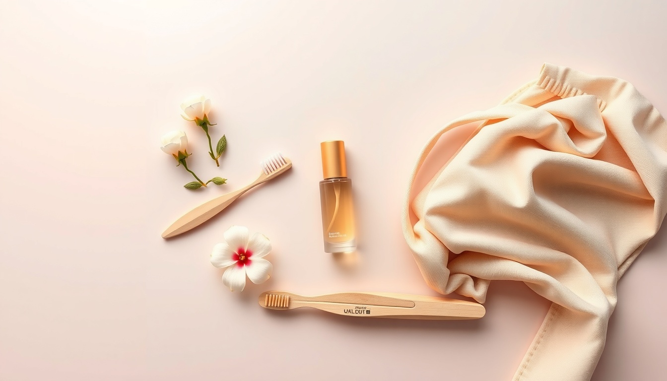 친환경 생활 - flat lay of eco-friendly lifestyle items including reusable bag, bamboo toothbrush, and green plant on white background, sustainable living concept
