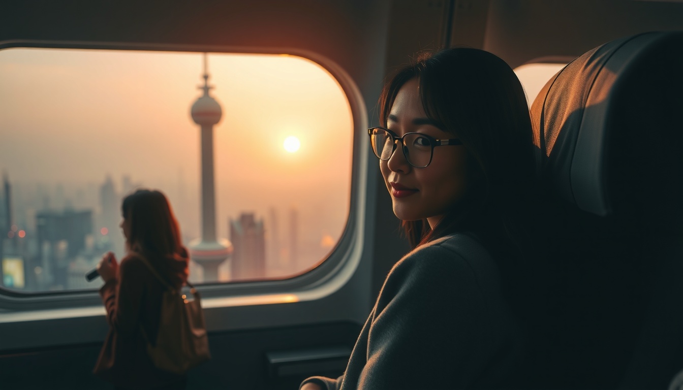 비지니스석특가 - Korean woman upper body shot with face visible, sitting in business class airplane seat with coffee, relaxed and smiling, warm lighting