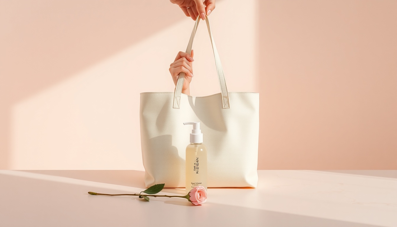 여성가방쇼핑몰 - Korean woman full body shot with face visible, holding stylish tote bag in outdoor street fashion setting, natural hands