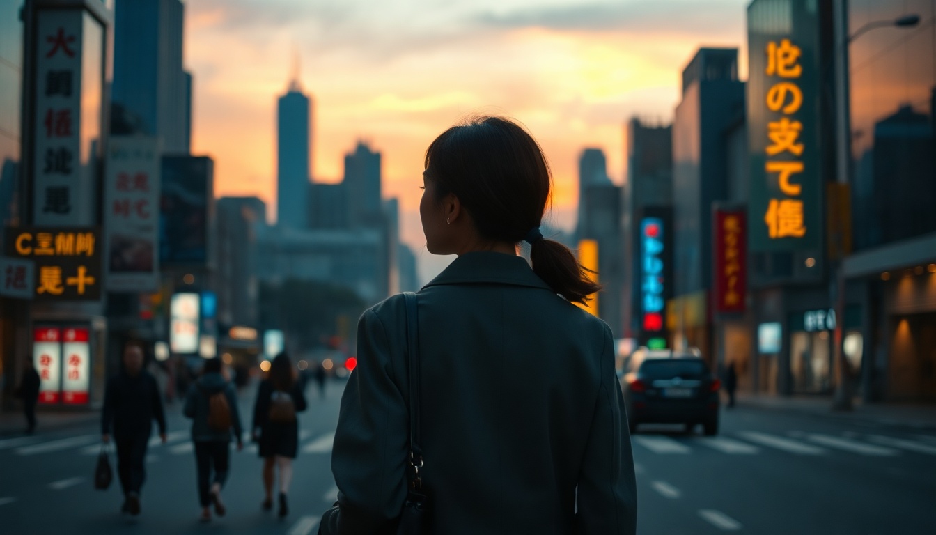 일본 여행 짐 싸는 법 패션 코디까지 - stylish Korean woman full body shot with face visible, wearing minimalist travel outfit in Japan street, natural hands holding small bag