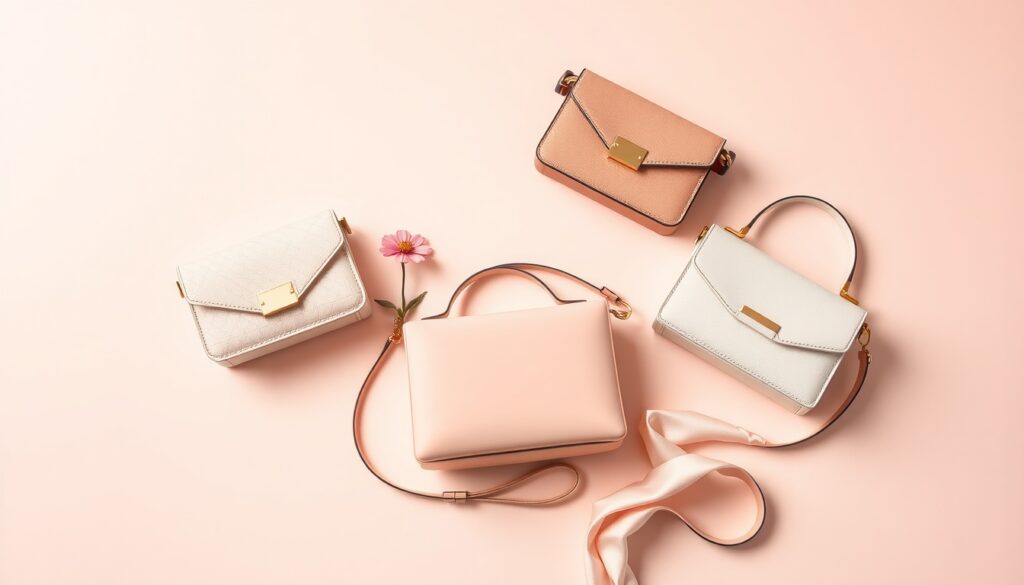 가방 추천 - flat lay of stylish women's handbags on pastel background, 2026 fashion bag recommendation