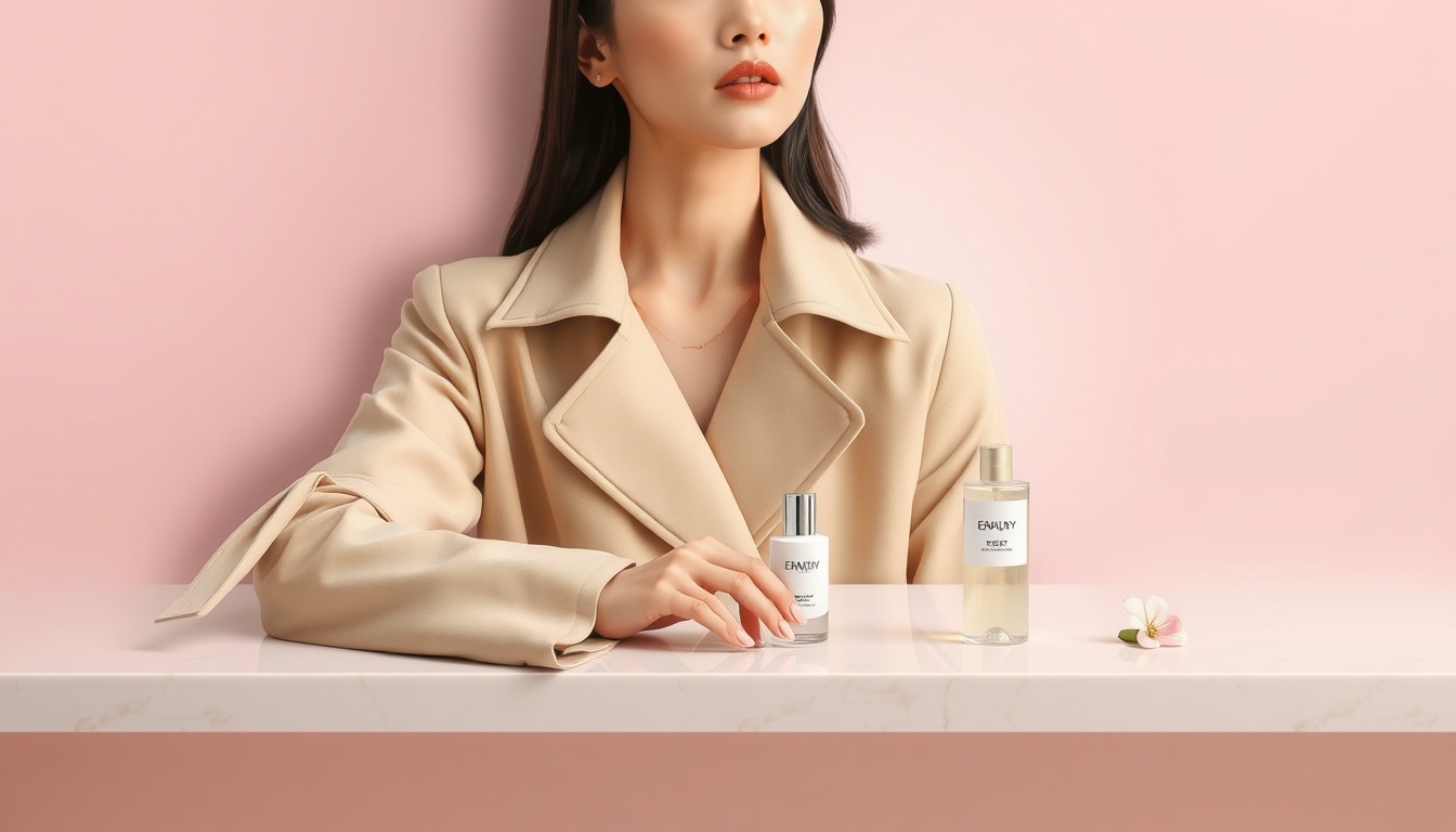 메이플 베이지 코디 - Korean woman full body shot with face visible, wearing maple beige trench coat and brown wide pants, autumn street fashion, natural hands