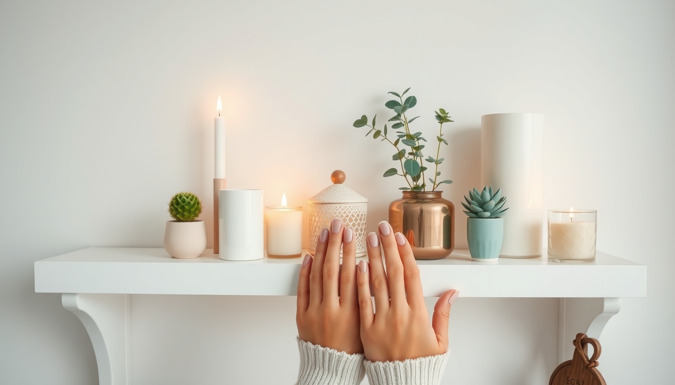 인테리어 소품 - flat lay of cozy home interior decor items including candles, small plants, and ceramic vases on white shelf, aesthetic lifestyle concept
