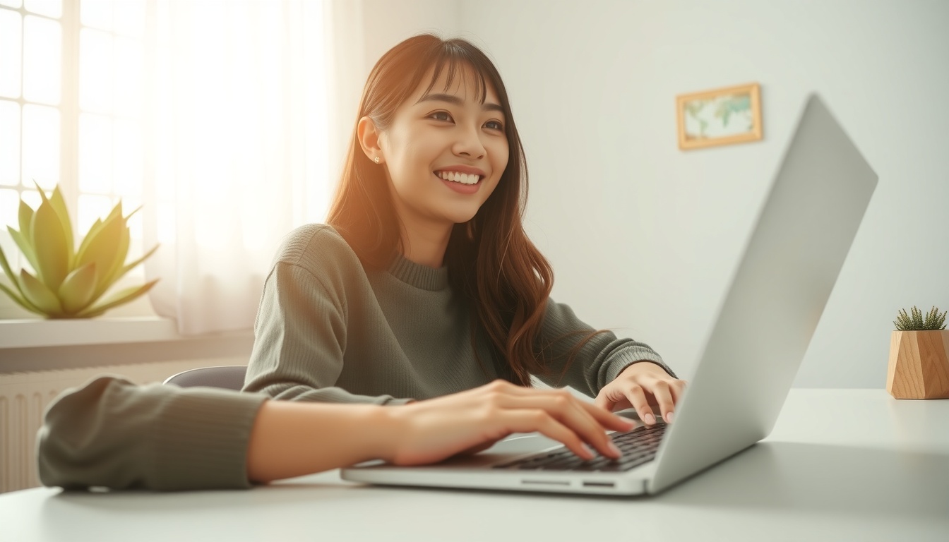 배너 디자인 - Korean woman upper body shot with face visible, smiling while working on banner design on laptop in bright modern workspace, natural hands