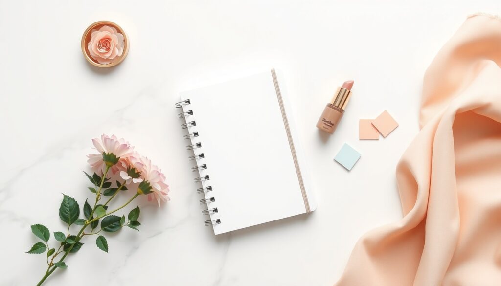 습관 만들기 - flat lay of journal, pen, sticky notes and small plant on white desk, habit building concept