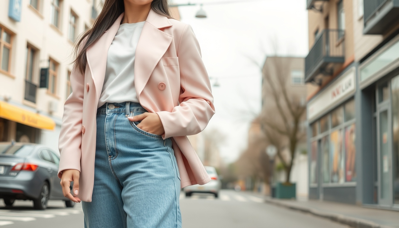 패션 트렌드 - Korean woman full body shot with face visible, wearing wide denim jeans and tailored blazer in pastel color, posing on city street in spring, 2026 fashion trend style