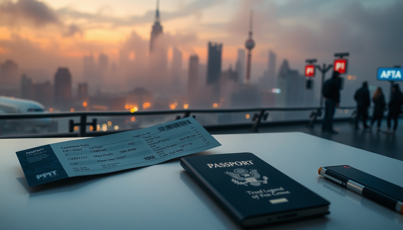 항공편명조회 - flat lay of airplane ticket, passport, and smartphone on white desk, flight number search concept