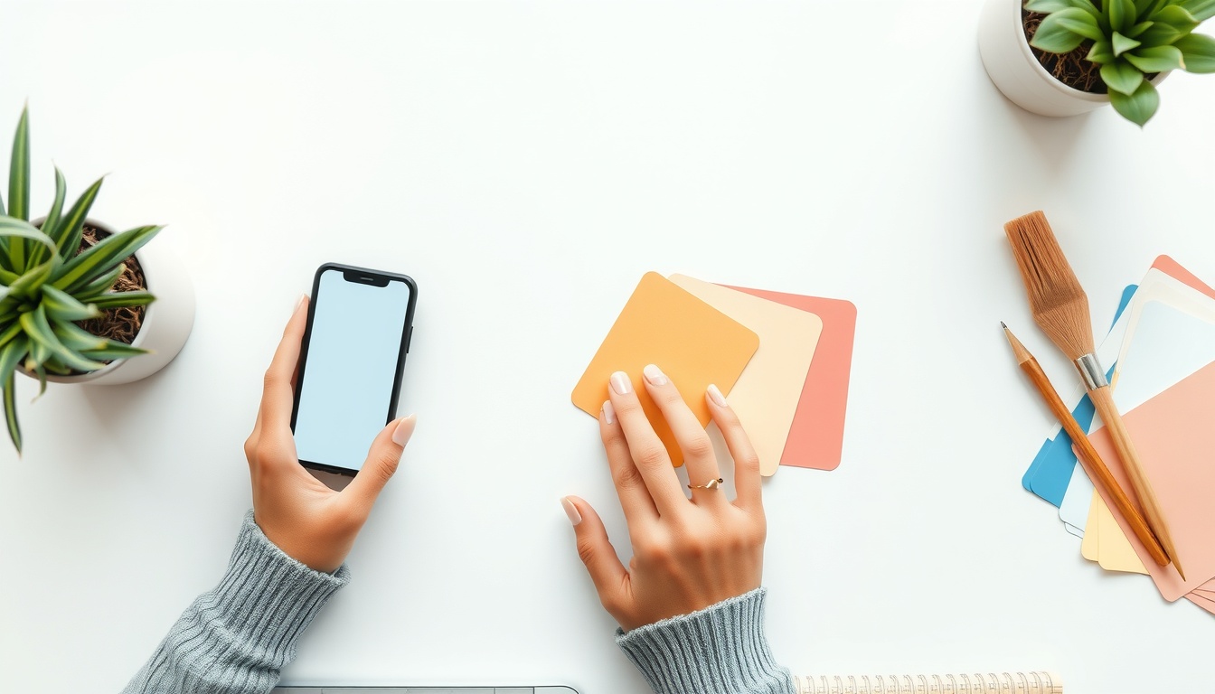 배너 디자인 - flat lay of colorful banner design mockups on white desk, banner design concept with smartphone and color swatches