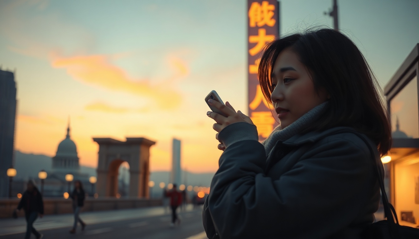 일본 여행 실패하는 이유 TOP5 - Korean woman upper body shot with face visible, looking at smartphone to make restaurant reservation in Japan, natural hands, warm cafe background