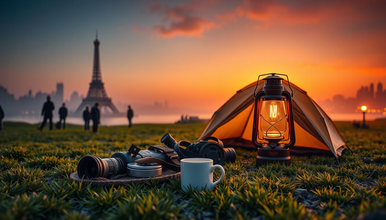 캠핑 추천 - flat lay of camping gear including tent, lantern, and mug on green grass, cozy camping recommendation concept