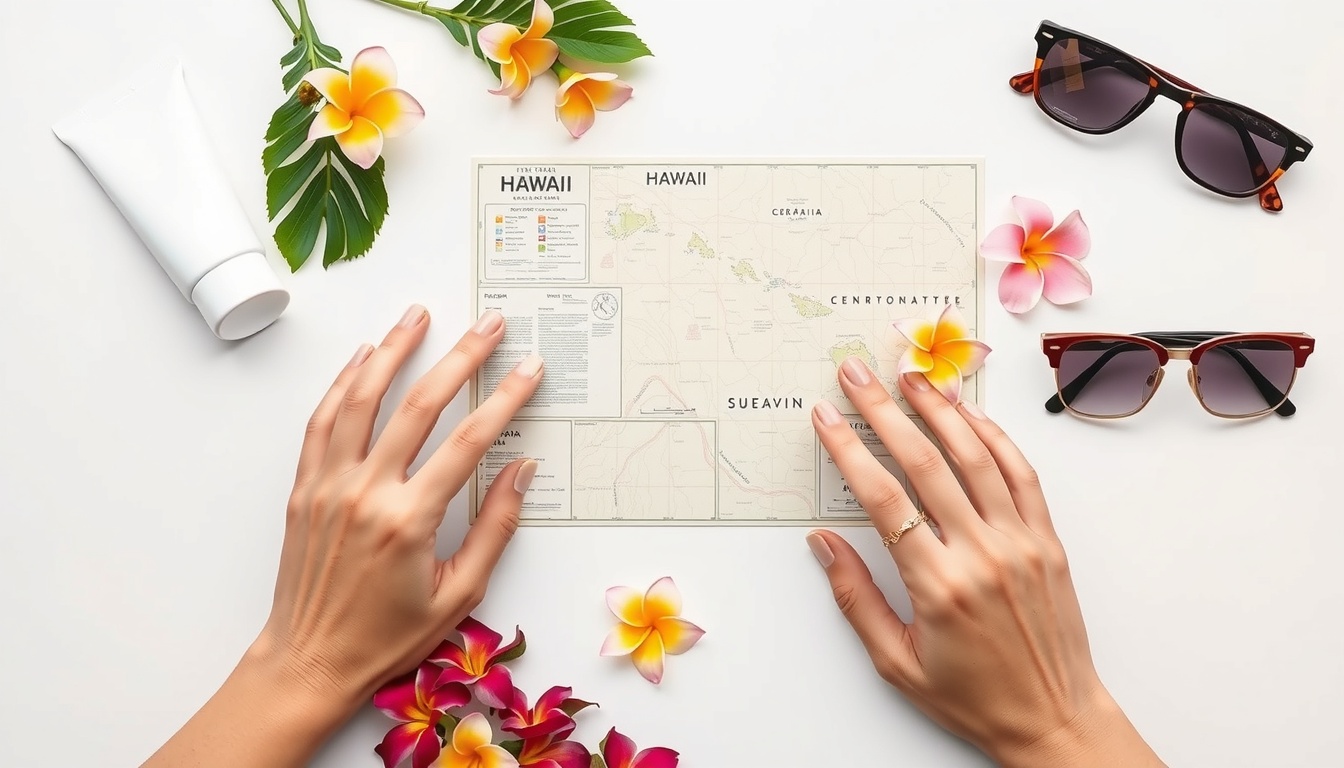하와이 여행 - flat lay of Hawaii travel essentials including sunscreen, lei flowers, map, and sunglasses on white background