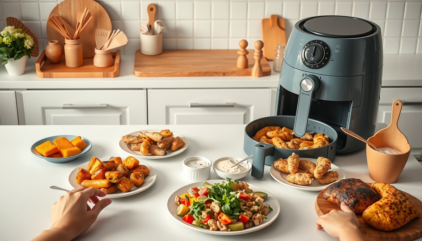 에어프라이어 요리 - flat lay of air fryer with various cooked foods on white kitchen counter, air fryer cooking concept