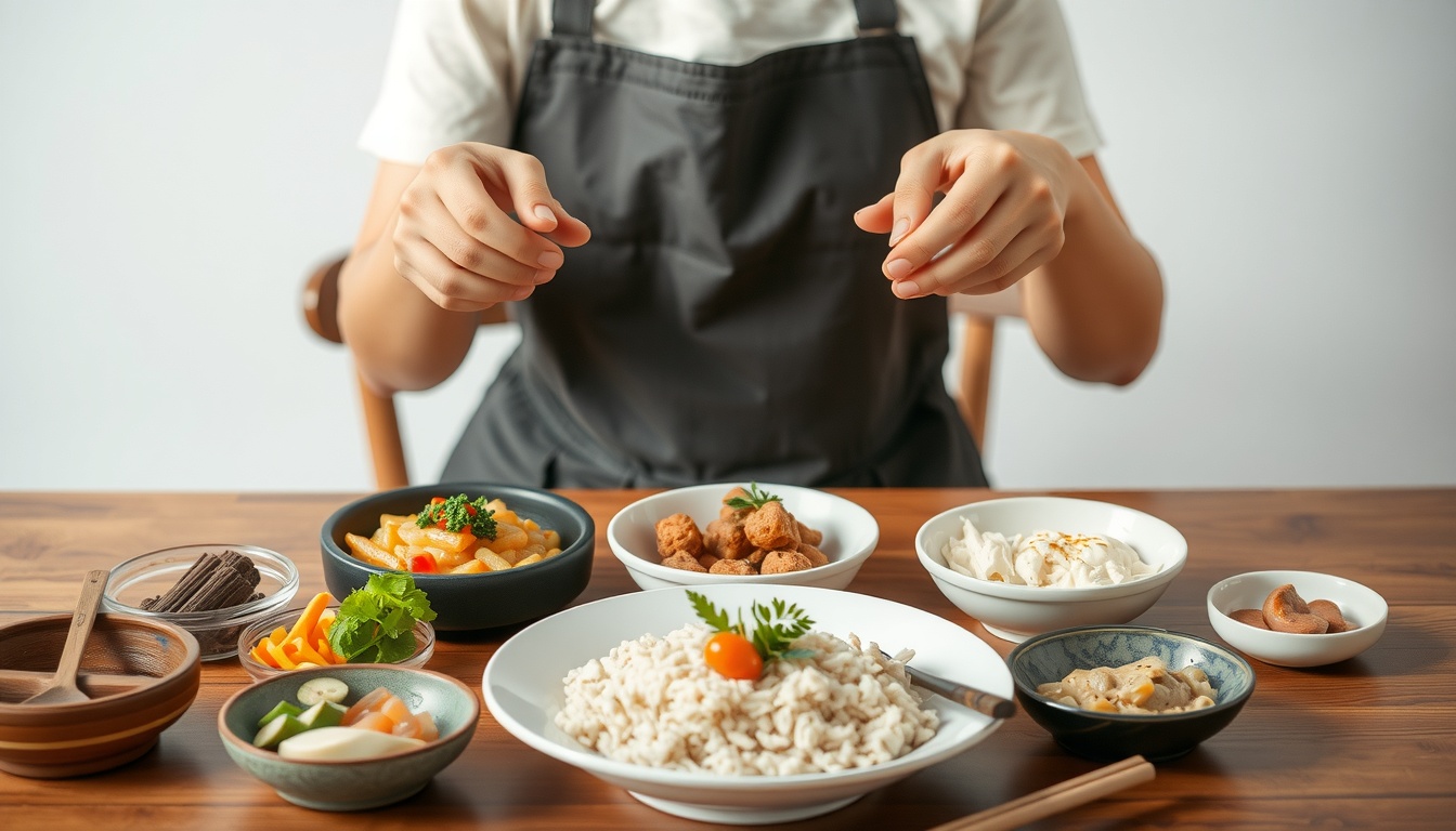 요리 레시피 - Korean home cooked meal on a wooden dining table with various side dishes, warm and cozy home recipe concept