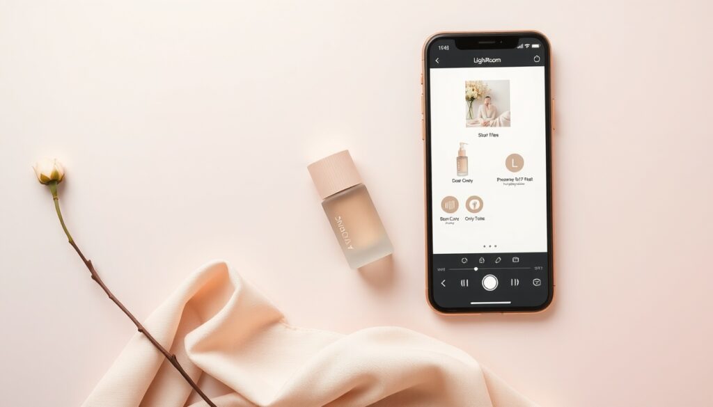 라이트룸 보정 - flat lay of smartphone showing Lightroom photo editing app with editing tools visible on white desk