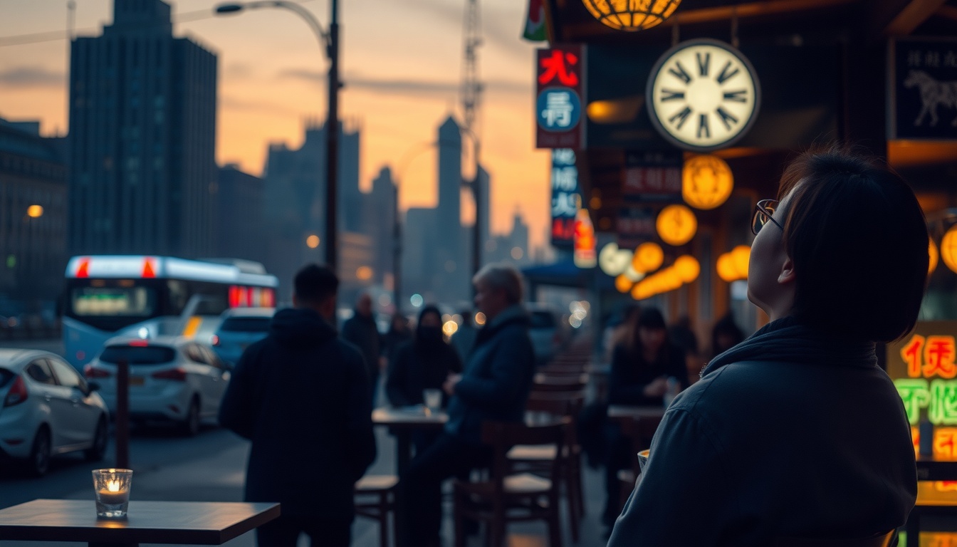 혼자 여행 - Korean woman upper body shot with face visible, sitting at outdoor cafe with coffee cup, looking at camera with happy smile, solo travel mood