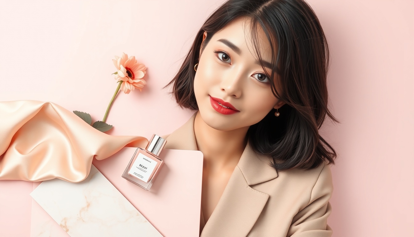 오피스 룩 - Korean woman full body shot with face visible, wearing stylish office look with blazer and wide pants in modern office setting