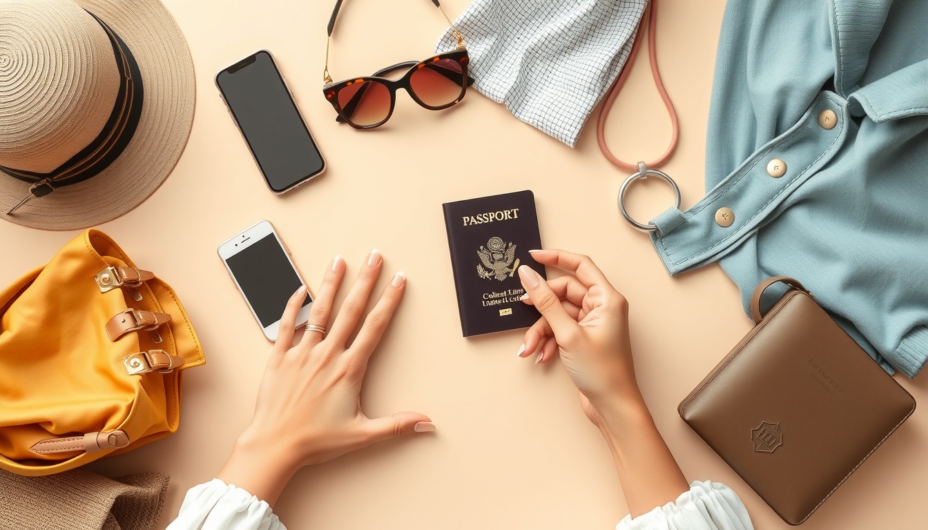 여행 코디 - flat lay of stylish travel outfit items including clothes, accessories, and a passport on a beige background, travel coordinate concept